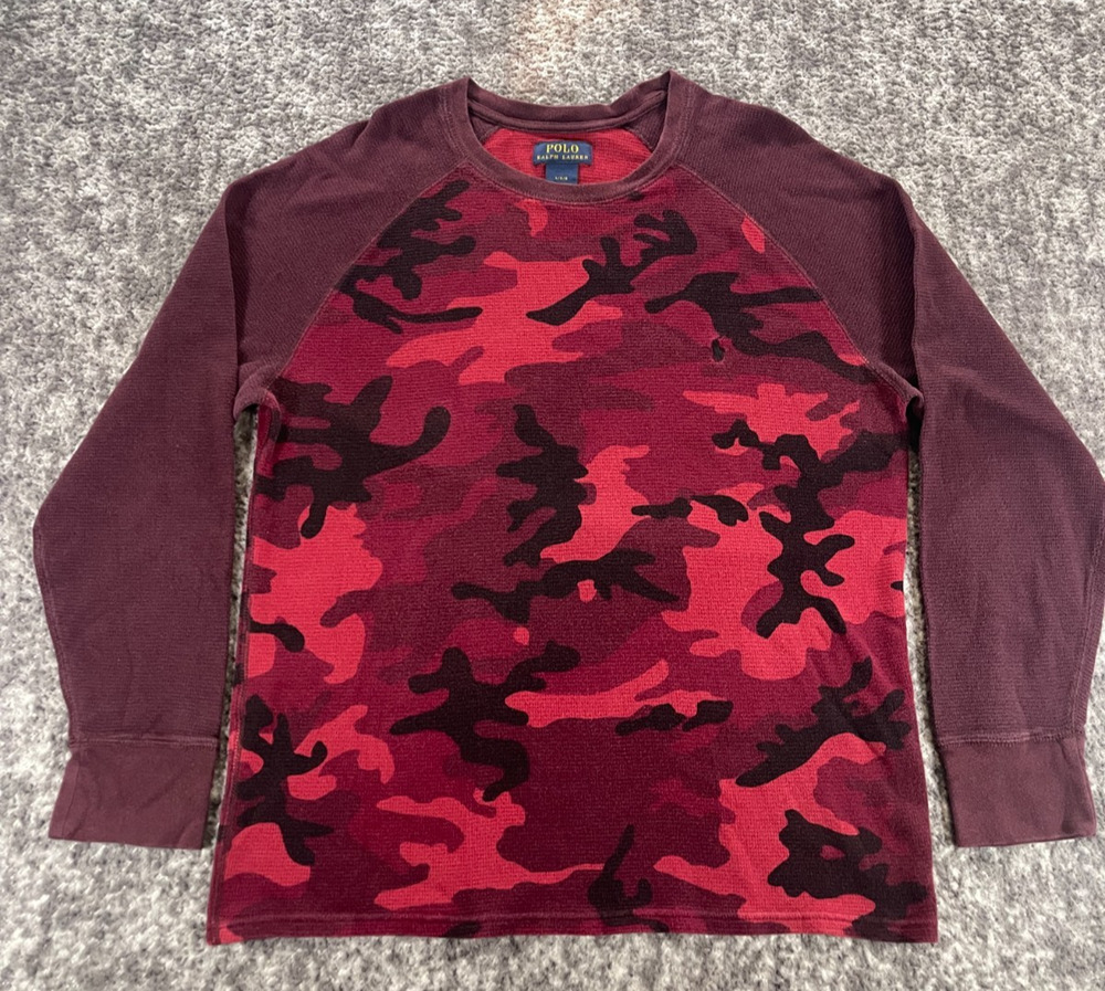 Polo Ralph Lauren Polo Shirt Mens L Red Camo Waffle Knit Sleep Crewneck Thermal